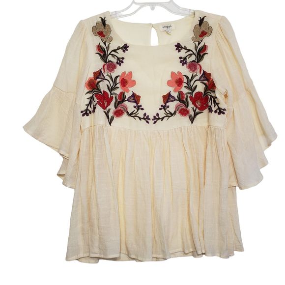 Umgee Boho Style Blouse with Beautiful Embroidery and Bell Sleeves, Size Small - Picture 1 of 11